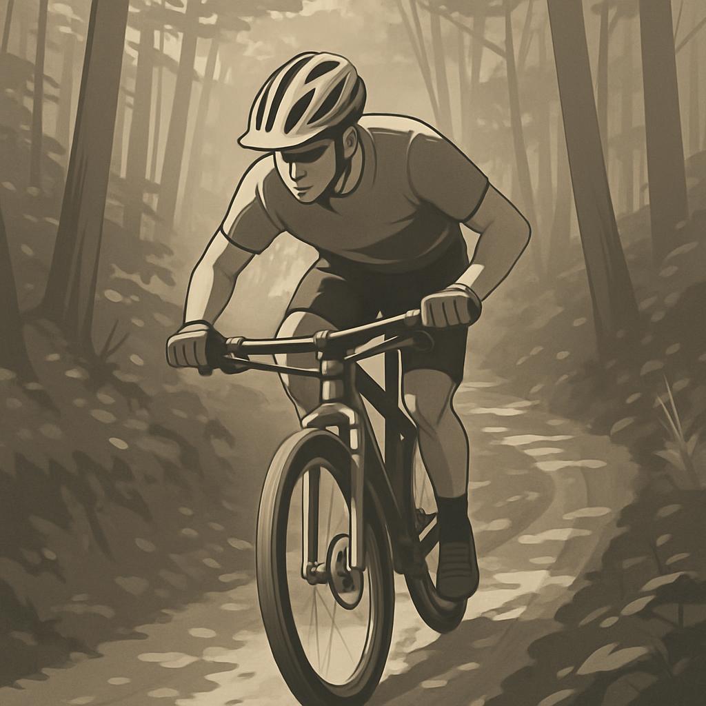 An illustration of a man riding a bicycle down a trail in a forest, facing forward with helmets.