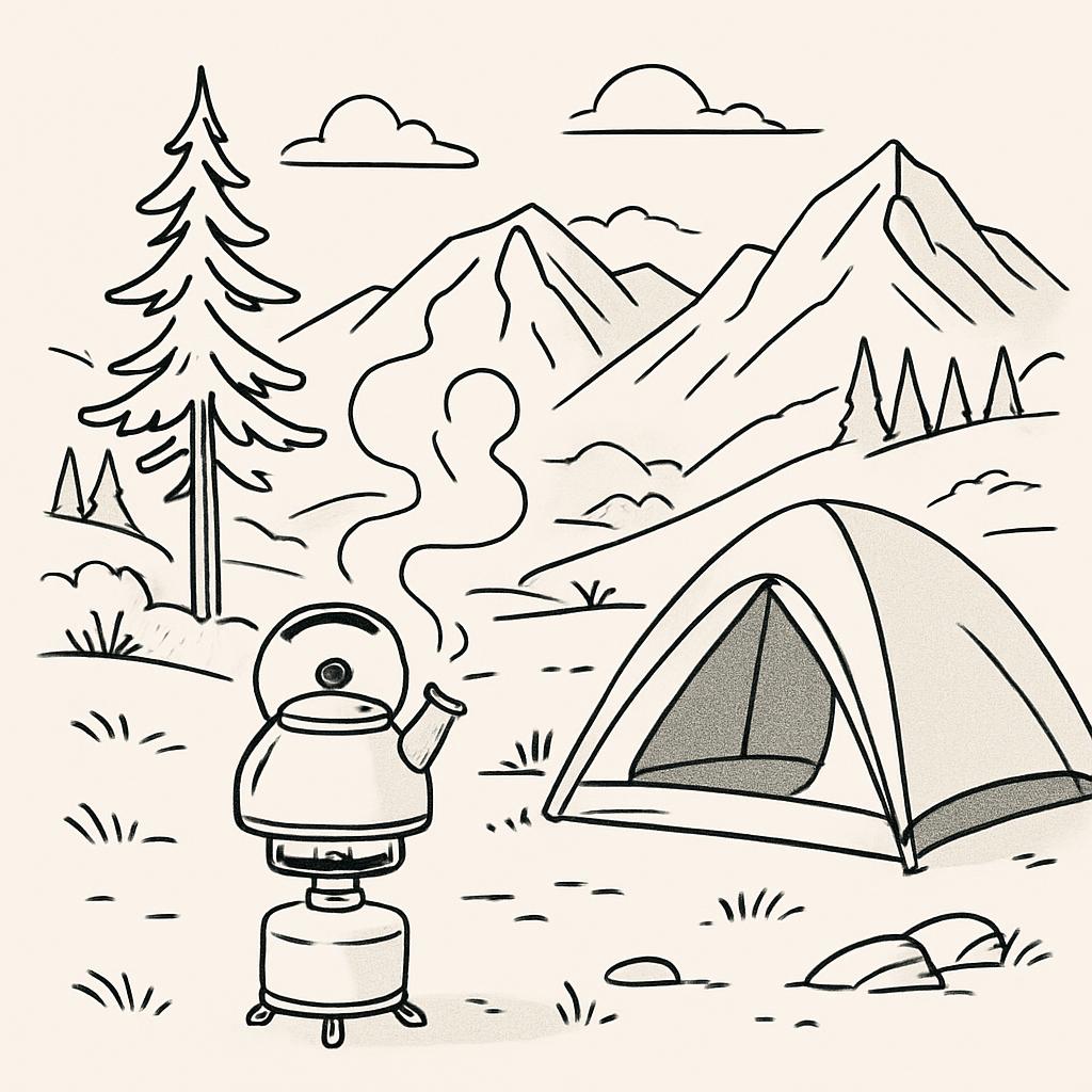 A black and white illustration featuring a water kettle on top of a camping stove. An outdoor tent to the right, pine tree...