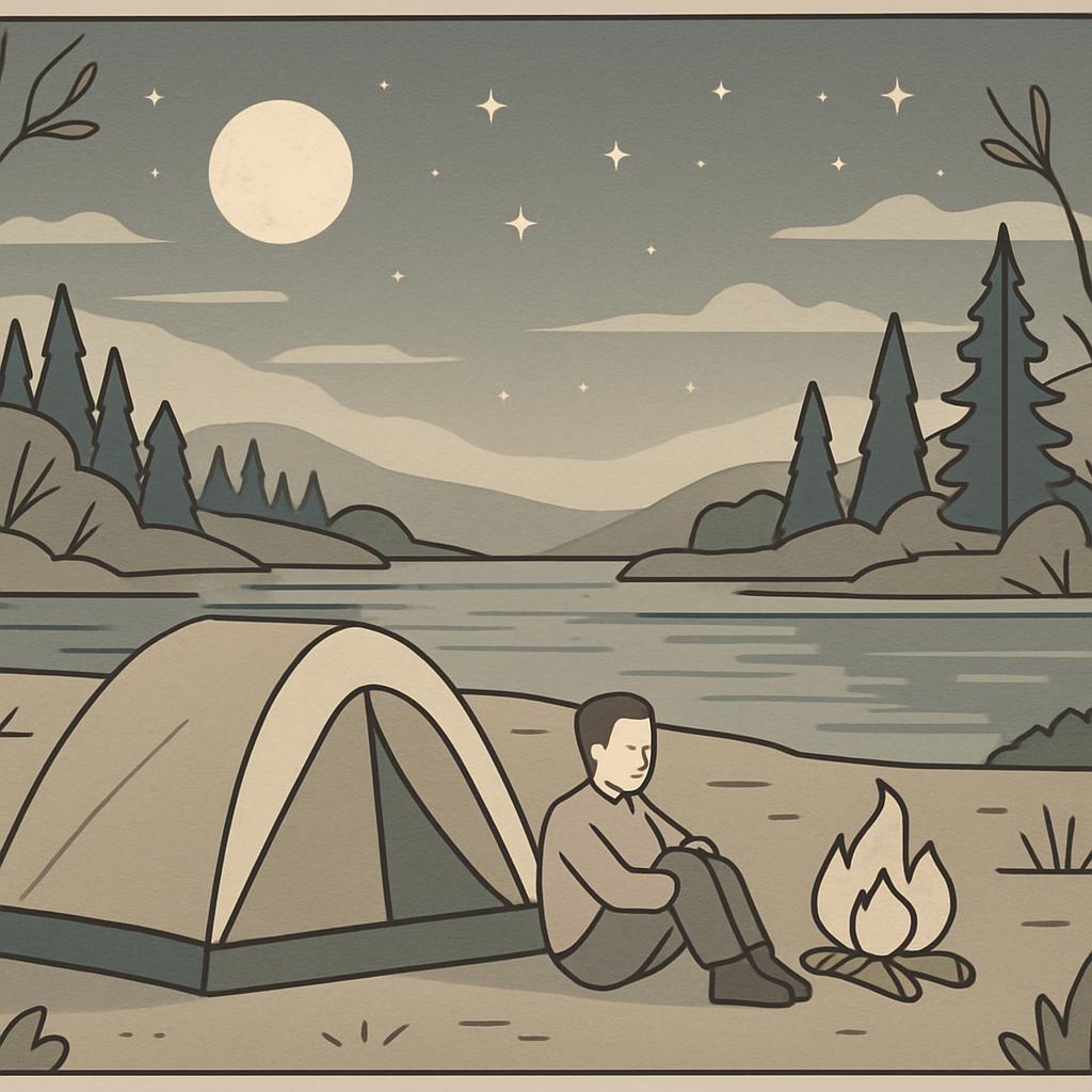 A serene camping scene featuring a man beside a tent at a lake under a starry night sky.