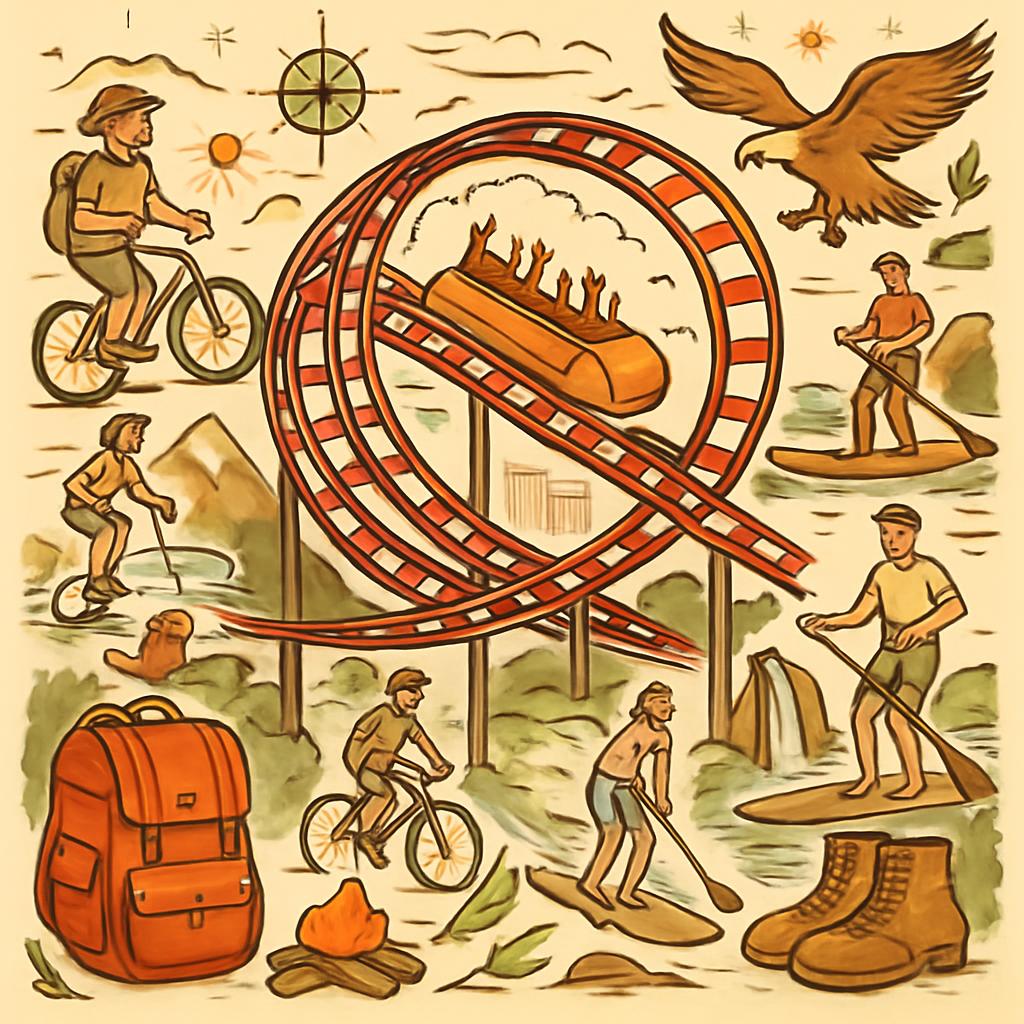 A sketchbook-style illustration of a man riding a bicycle, other adventure-related drawings surrounding the image, a loop ...