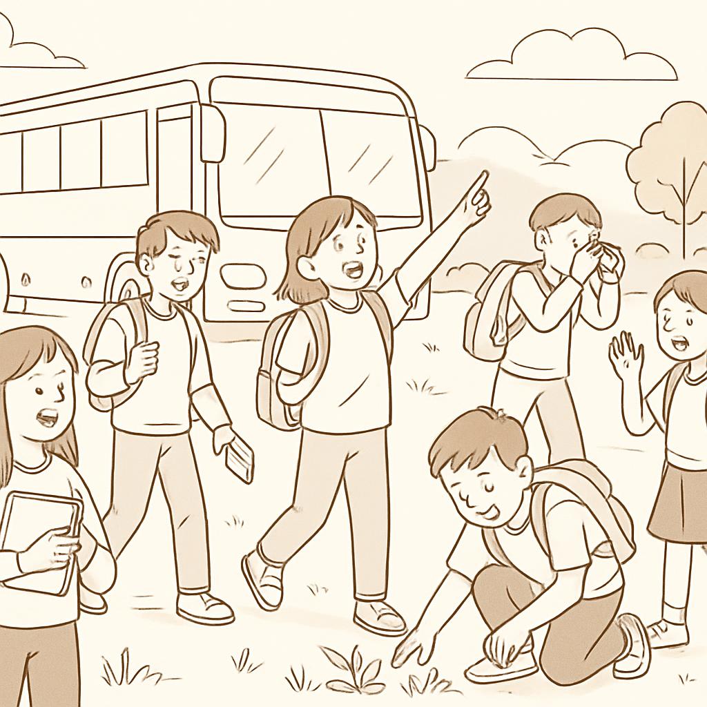 A group of kids standing in front of a school bus, one of them pointing at something down on the ground.